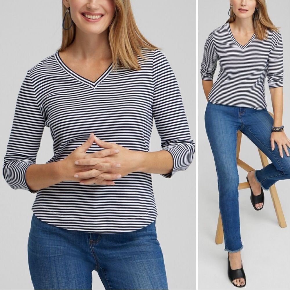 Chico's 100% Pima Cotton Black White Stripes V-neck 3/4 Sleeves Top, Sz Medium